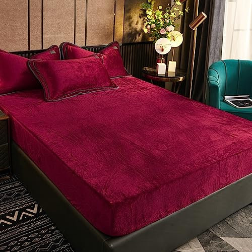 Luofanfei Winter Fleece Spannbettlaken 200x200cm Rot Weinrot Samt Warm Kuschel Boxspringbett Frottee Bettlaken Biber Spannbetttuch Uni Muster Spannbetttücher für Hohe Matratze Steghöhe 25-30cm