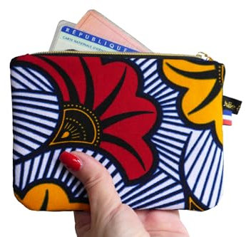 Grand porte-monnaie en tissu wax fleurs de mariage rouge et jaune zip noir or accessoire sac handmade fait main africain ethnique