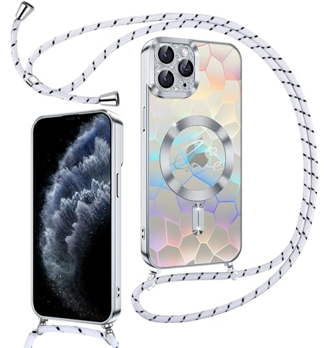 Kokio Magnetische Glitzer Handykette für iPhone 11 Pro Max Hülle mit Band [Kompatibel mit MagSafe] Kameraschutz Handyhülle für Frauen Mädchen Silikon Stoßfeste Schutzhülle für iPhone 11 Pro Max Silber