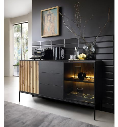 Lomadox Wohnzimmer Esszimmer Anrichte Sideboard mit Beleuchtung in schwarz mit Wotan Eiche