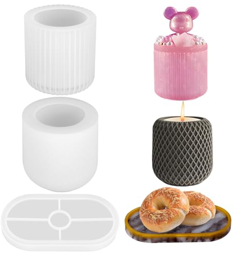 Stampo Per Tazza in 3 Pezzi, Cilindrici Stampi in Silicone per Gesso fai da te, Stampi per Resina Epossidica con Vassoio per Portacandele, Barattolo di Stoccaggio, Vaso, Tazze