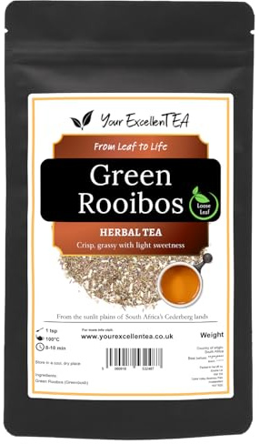 Green Rooibos Greenbush Loose Leaf Herbal Tea, Fresh & Grassy, 50g | Light caffeine-free redbush with a clean, grassy character, enjoyable hot or iced, packed in a resealable pouch.