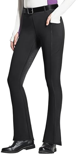 FitsT4 Sports Damen Reithose Bootcut Reitleggings Silikon Vollbesatz Schlaghose Reithose mit Handytasche und Gürtelschlaufen für Reitsport Pferdetraining Reitturnier,Schwarz,XS