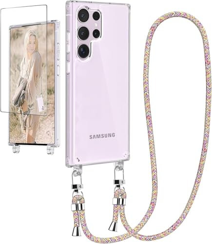 Ciciber Handykette Hülle für Samsung Galaxy S23 Ultra Handyhülle mit Band, Transparent Case mit Schnur zum Umhängen Kordel Necklace Hülle Schutzhülle für Samsung S23 Ultra, Regenbogen