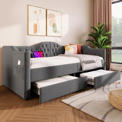 Dolamaní Schlafsofa 200cm breit, Jugendzimmer Schlafsessel 3 sitzer mit Bettfunktion & Schlaffunktion, Bettkasten mit 2 Schubladen (Grau, 90x200 cm)