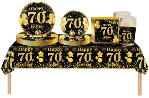 69pcs Black Gold 70th Birthday Decorations for Men Women - Tableware Set With Tablecloth, Plates, Napkins, Cups for Him/Her - Party Supplies and Gifts