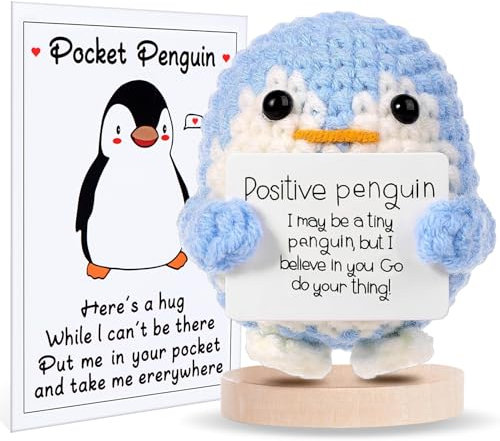 Aruigu Pocket Hug positiver Pinguin, Kreative Strickwolle Kartoffel Puppe, Mutmacher und Gute Besserung Geschenk, Einschulung Glücksbringer (blau)