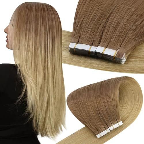 Easyouth Tape Extensions Echthaar Glue in Haar Extensions Echthaar Ombre Goldbraun Mix Goldblond Haarverlangerung Tape in Echthaar 30 cm #10/16 30g 20pcs