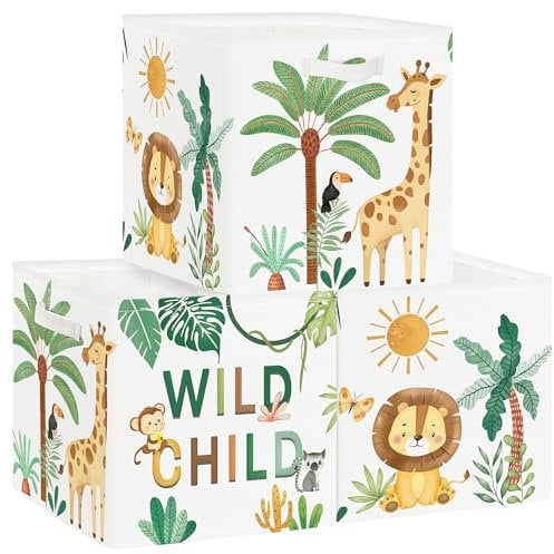 HUUMONSS 30cm Juego de 3 Cajas de Almacenamiento Boho Bosque Animal Organizadoras de Almacenaje Juguetes León Jirafa Palmeras Plegables Cestas Almacenaje Niños Libro Ropa para Estantes Armario