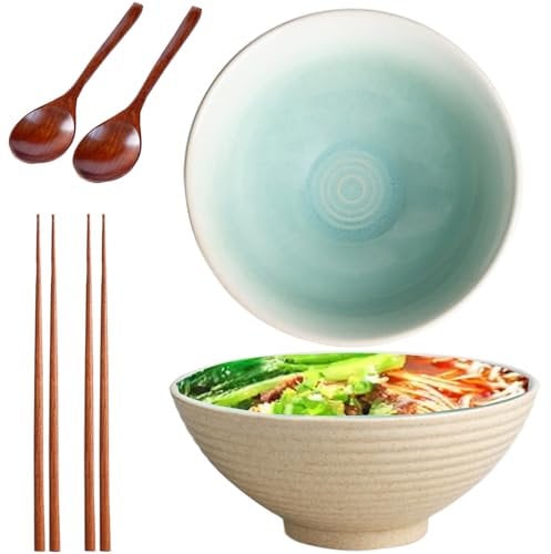 HIKENRI 1200ml Ramen Bowl,Noodle Bowl,RamenBowl Set of 2(RamenBowl with Ramen Spoons,Chopsticks),CeramicBowl for PastaBowl,Snack,Soup,SaladBowl,Cereal Food,LargeBowl(Beige)
