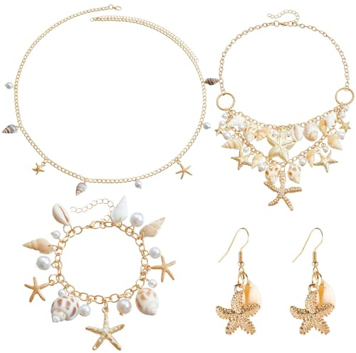 GWAWG 5 Stück Shell Halskette Armband Set, Taillen-Armband in Seesternmuschelform, Armband, Halskette, Ohrringe, Zubehör für Urlaub am Meer und Sommerpartys