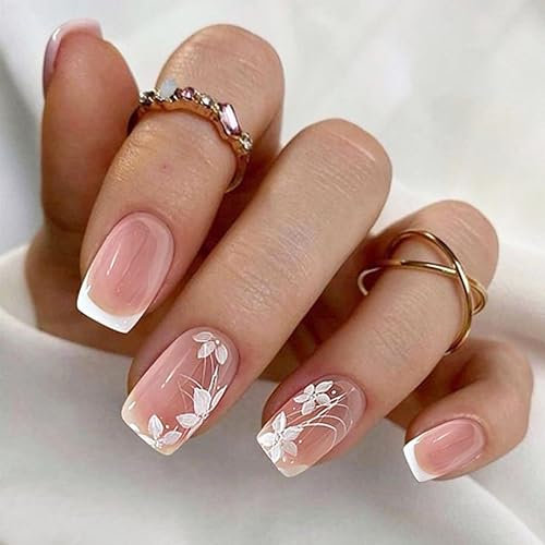 MrCuvaryas 24 Stück Französisch Falsche Nägel Zum Aufkleben, Press on Nails - Weiße French Mandel Künstliche Nägel, Eckig Pink White Acryl Künstliche Fingernägel Natur für Nail Art (Weiße Blüten)