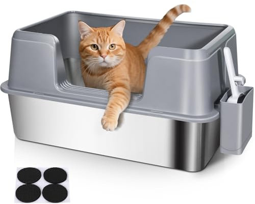 Pawchop Stainless Steel Cat Litter Tray, High-Sided Cat Litter Box with Leak-Proof Lid, Non-slip Kitten Litter Tray for Cats Rabbits Pets, Send 1 Litter Scoop - Grey
