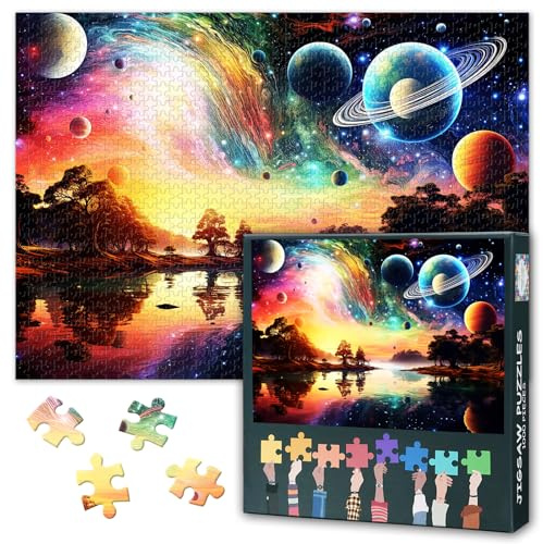 Sceneries 1000 Piece Puzzles für Erwachsene, Fantasielandschaft mit Planet und Bäumen am Seeufer Jigsaw Puzzles, Imaginary Landscapes Impossible Puzzle, 50x70 cm