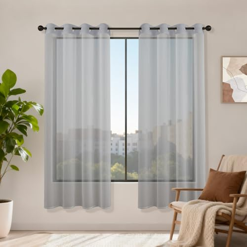 Runyéla Voile Gardinen mit Ösen 2er Set, H 175 x B 140 Stores Gardinen Grau Transparent, Vorhänge Durchsichtig, Ösenvorhang Schlaufenschal für Schlafzimmer Wohnzimmer Küche Sheer Curtains