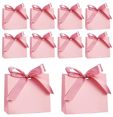 OUDQFCJ 10 Pezzi Mini Sacchetti Regalo con Fiocchi, Buste di Carta per Natale, Feste, Compleanni, Matrimoni (11,5× 4,5× 10 cm) (Rosa)