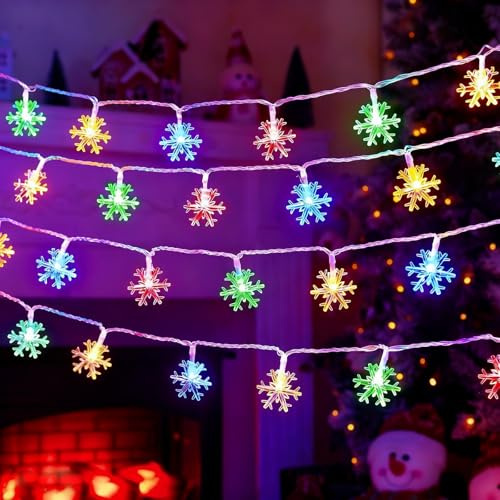 ZingBox Bunt Lichterkette Schneeflocken, 6M 40 LED Schneeflocken Lichterkette, Farbe Lichterketten Weihnachten Schneeflocke,Batteriebetriebene Winterdeko Christmas Lights,Weihnachtslicht Innen Outdoor