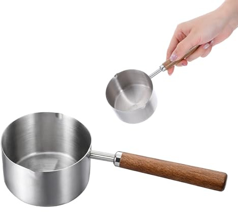 Milk Pan 250ml Mini Saucepan Small Coffee Pan Stainless Steel | Mini Pot Butter Warmer Small Sauce Pans with Pour Spout Wooden Handle for Milk Coffee Butter Cooking
