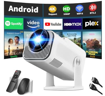 Mini Projector 4K 1080P Full HD Video Portable Projector Support with WiFi 6 & Bluetooth 5.2, Auto Keystone Adjustment Built-in Apps Smart with 270° Rotation for USB/TV Stick/HDMI-White