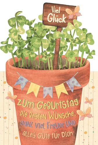 GreenLine Glückwunschkarte zum Geburtstag | 1 Stück mit Umschlag | Geburtstagskarte Glücksklee | Klappkarte aus 100% baumfreien Zuckerrohrpapier | 3D Effekt-Card mit Laser-Cut | 11,5x17cm