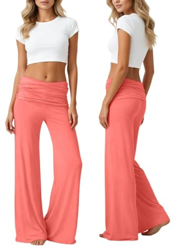 Coral Fold Over Yoga Pants Damen Weite Lounge Hose Mit Raffung Yoga Hose Damen Baumwolle Loose Fit Uni Corals Pants Yogahose Korallfarbene Faltenhose Palazzo Hose Mit Hohem Umschlagbund