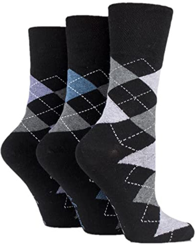 Gentle Grip Ladies 3 Pair Argyle Patterned Cotton Socks 4-8 Black