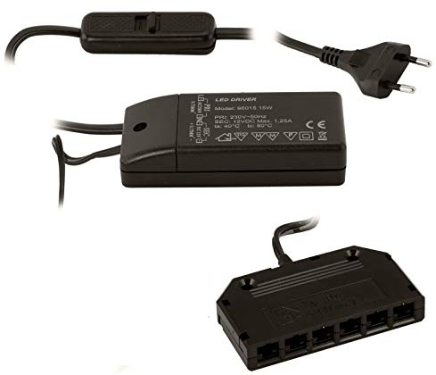 SO-TECH® Trafo Transformator 220-240V schwarz 12V/15W Konverter mit Schiebeschalter und 6-fach Verteiler