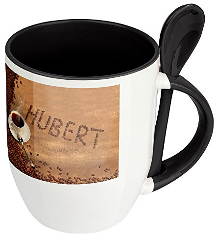digital print Namenstasse Hubert - Löffel-Tasse mit Namens-Motiv Kaffeebohnen - Becher, Kaffeetasse, Kaffeebecher, Mug - Schwarz