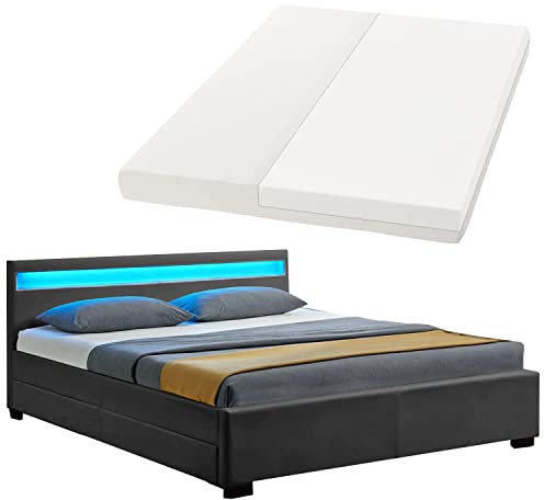 Juskys Polsterbett Lyon 140x200 cm mit Matratze, Bettkasten, LED Beleuchtung, Lattenrost & Kopfteil, grau, Bett Bettgestell Jugendbett Einzelbett