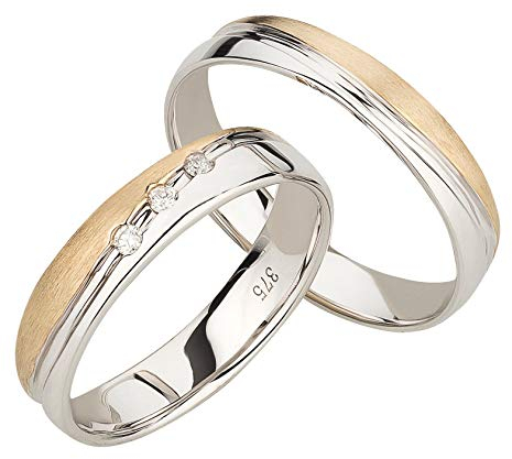 Ardeo Aurum Trauringe Damenring und Herrenring aus 375 Gold bicolor Gelbgold Weißgold mit 0,06 ct Diamant Brillant Eheringe Paarpreis