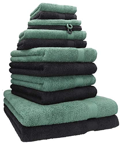 Betz 12-TLG. Handtuch Set Premium 100% Baumwolle 2 Duschtücher 4 Handtücher 2 Gästetücher 2 Seiftücher 2 Waschhandschuhe Farbe Graphit/tannengrün