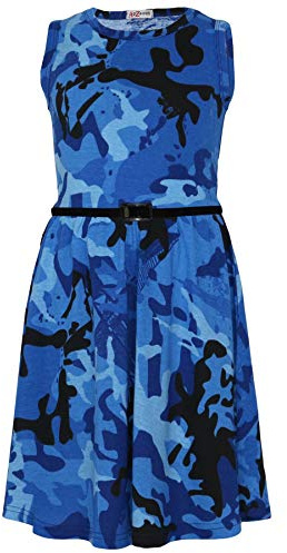 A2Z 4 Kids Girls Party Fashion Dresses with Free Belt Summer - Skater Sleeveless Camo Blue 7-8
