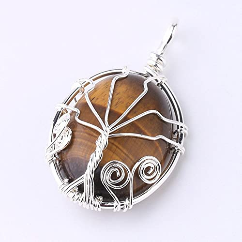 Collares con Colgantes De Piedra para Mujer,Piedras Ncklaces of Women Silver Wire Bobinado Oval Único Ojo De Tigre Natural Semi-Precioso Fewellery Pendant Yoga Reiki Chakra Stone For Ladies Mamá N