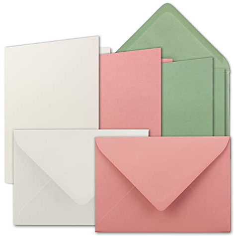 30x Karten-Set DIN B6 - Naturweiß - Altrosa - Eukalyptus - Faltkarten mit Umschläge - 3 Farben - 12 x 17 cm & Umschläge - 12,5 x 17,5 cm
