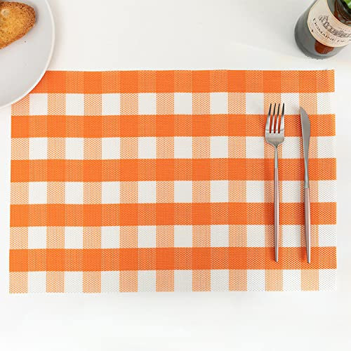 Tovagliette Americana Plaid Bianco Arancione Tovagliette Colazione PVC Tovagliette Americana Plastica Lavabili Antiscivolo Sottopiatti Resistente Al Calore Sotto Piatti Da Tavola 30x45cm 6 Pcs
