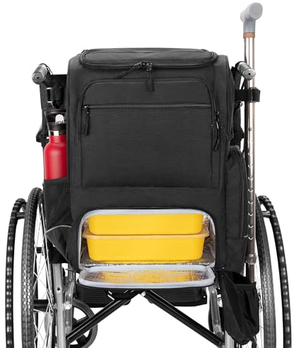 SAMDEW Wheelchair Backpack, Wheelchair Bag to Hang on Back, with Thermal Insulation Pockets for Medicine & Lunch Box, Functional Wheelchair Accessories with Crutches Pockets, Bag Only, Patented Design