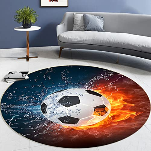 Moderne Flamme Fußball Wohnzimmer Schlafzimmer Teppich Teenager Junge Mädchen 3D Sports Soccer Serie Rutschfester Flanell Stuhlkissen Kinderzimmer Spielbereich Runden Teppich (Orange,160cm)