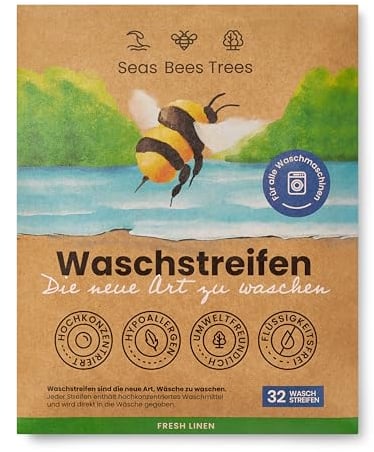 Seas Bees Trees Waschmittel Blätter, Reisewaschmittel, nachhaltige Wäschestreifen mit frischem Duft, für Weiß-, Bunt- und Handwäsche, CO2 sparen und die Umwelt schonen, 32 Streifen, Fresh Linen