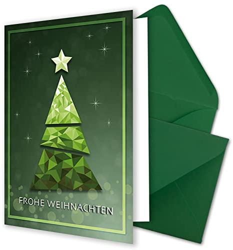 NEUSER PAPIER 25x kleines Weihnachtskarten-Set DIN A7 in Grün mit grünem abstraktem Weihnachtsbaum - Faltkarten mit passenden Umschlägen DIN C7 Dunkelgrün mit Nassklebung - für Firmen und Privat