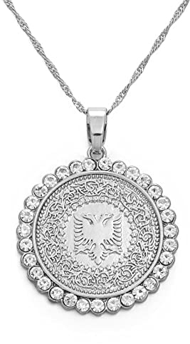 YZyizhen Albanien Halskette Mit Rundem Anhänger – Landsymbol Adler-Charm, Ethnischer Stil, Hip-Hop-Kette, Patriotischer, Zierlicher Schmuck, Damen Herren Mädchen, Unisex-Geschenke,Weiß,Einheitsgröße