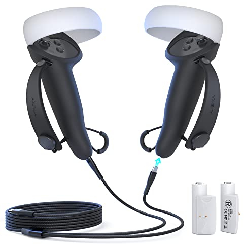 AUBIKA Zubehör für Meta Quest 2 Controller, Akku Controller Grip mit Ladekabel und Batterie (1000mAh X2), Einstellbar für Verschiedene Handgrößen - Schwarz