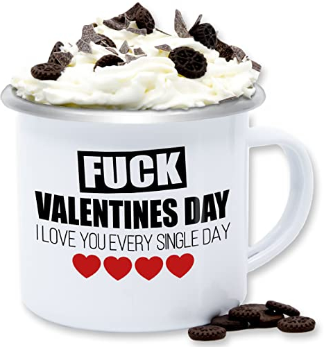 Emaille Tasse Blechtasse - Valentinstag Partner Freund & Freundin - F*UCK Valentines day I love you every single day - schwarz/rot - 300 ml - Weiß Silber - valentinstasse valentinstagsgeschenke