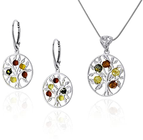 AMBEDORA Juego de Joyería de Plata para Señora Árbol de la Vida II, Colgante con Cadena y Pendientes, Ámbar Báltico Multicolor, Plata de Ley 925, Idea de Regalo