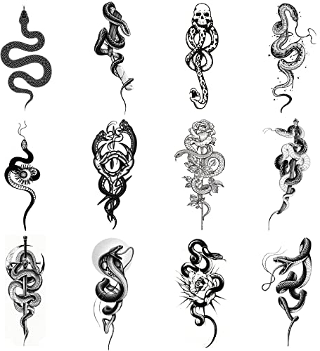 12 Pièces Tatouages​Temporaires Serpent, Faux Autocollant Tatouage, Tatouages la Mort Temporaire, Machen Sie Sie zur auffälligsten Existenz(Serpent)