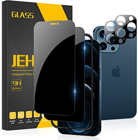 JEHOO Sichtschutz für iPhone 12 Pro Max Panzer Schutz Glas, 2 Spähen Privatsphäre Sichtschutzfolie und 2 Kamera Glasfolie, 9H Härte Blickschutzfolie, Frei von Kratzern Folie, Rahmen-Installationshilfe