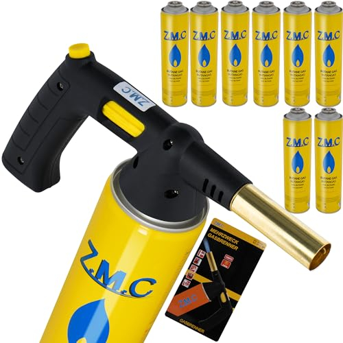 Z.M.C Gasbrenner 1,5 kW + 8 Gaskartuschen 330g, Flambierbrenner bis zu 1350°C, Bunsenbrenner Lötbrenner, Creme Brulee Brenner, Küchenbrenner mit einstellbare Flamme