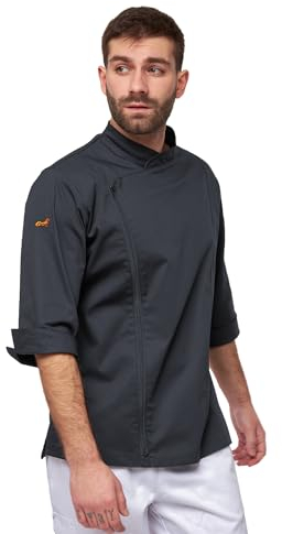 strongAnt Herren Kochjacke 3/4 Kurzarm mit Reißverschluss Stretch Professionelle Kochuniform - Grau, Größe: S