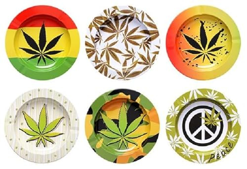6x Metall-Aschenbecher Cannabis Ascher mit Hanfmotiven Gluttöter Ashtray