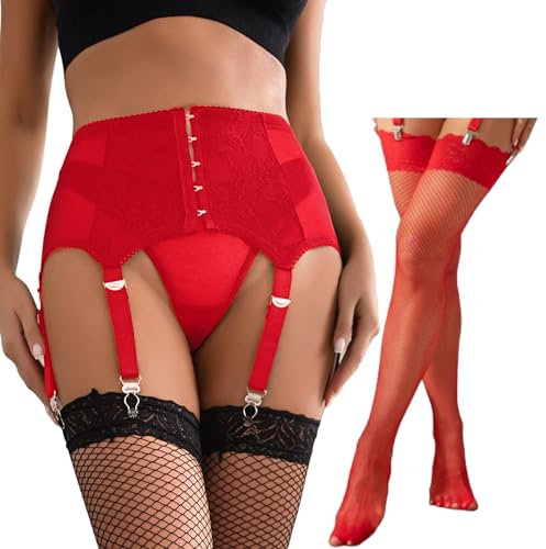 ohyeahlady Conjunto Ligueros con Medias Talla Grande Liguero Sexy Mujer Media Encaje Rejilla Hasta el Muslo Ropa Interior Liga de Cintura y 6 Clips de Metal Ajustables Con Tanga(Rojo,3XL-4XL)