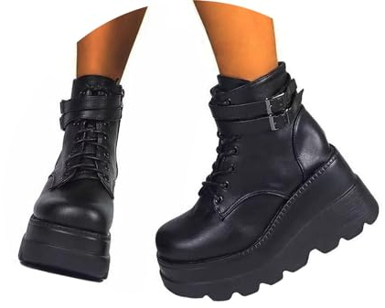 EGSDMNVSQ Stivali con Plateau Donna Invernali Punk Gotico Stivaletti con Cerniera in PU Stivali con Zeppa da Moto Scarpe con Cinturino con Fibbia e Tacco Largo Stivali da Motociclista